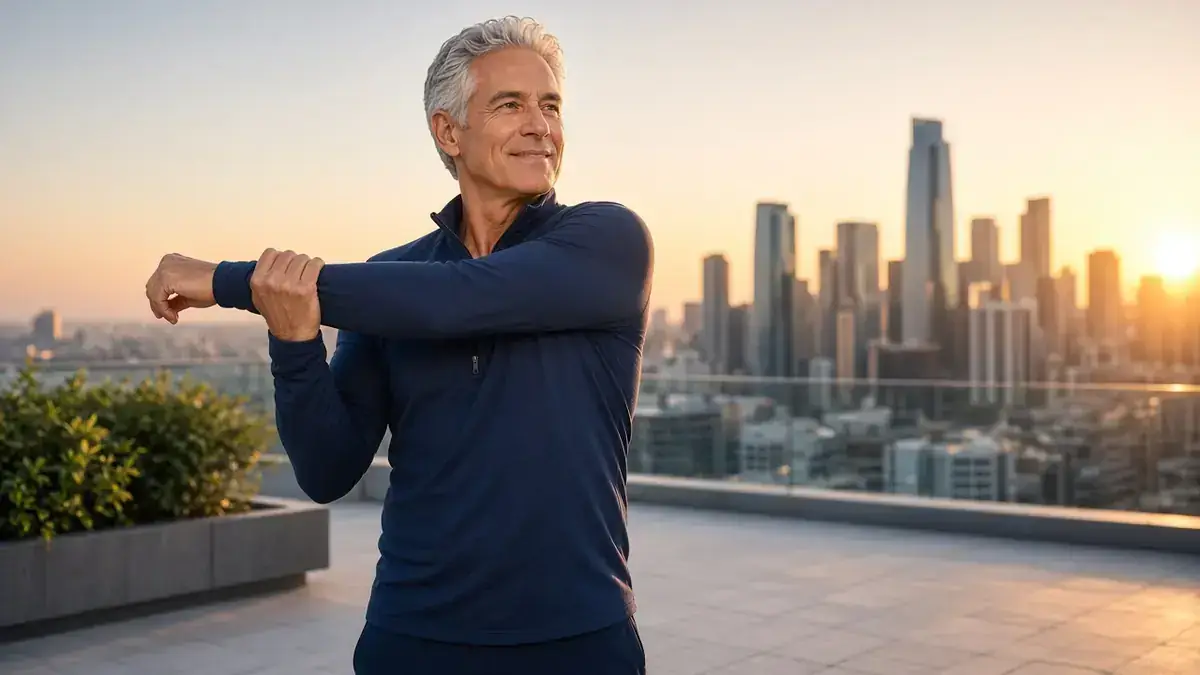 Man stretching on a rooftop terrace at sunrise with city skyline behind