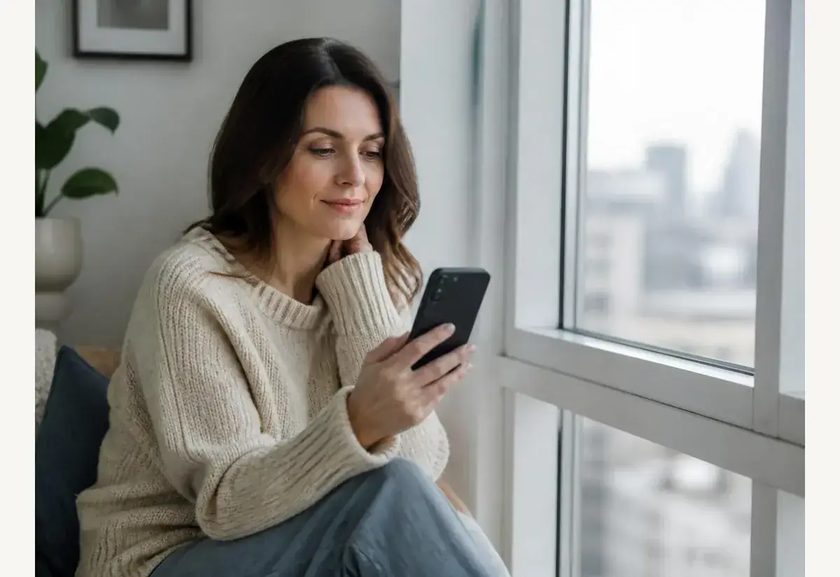 Woman checking her care program on a smartphone by a bright window