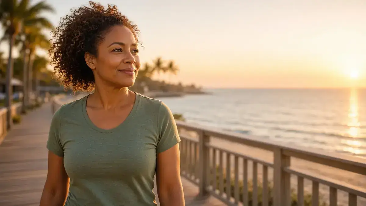 Confident woman walking along a sunlit coastal boardwalk